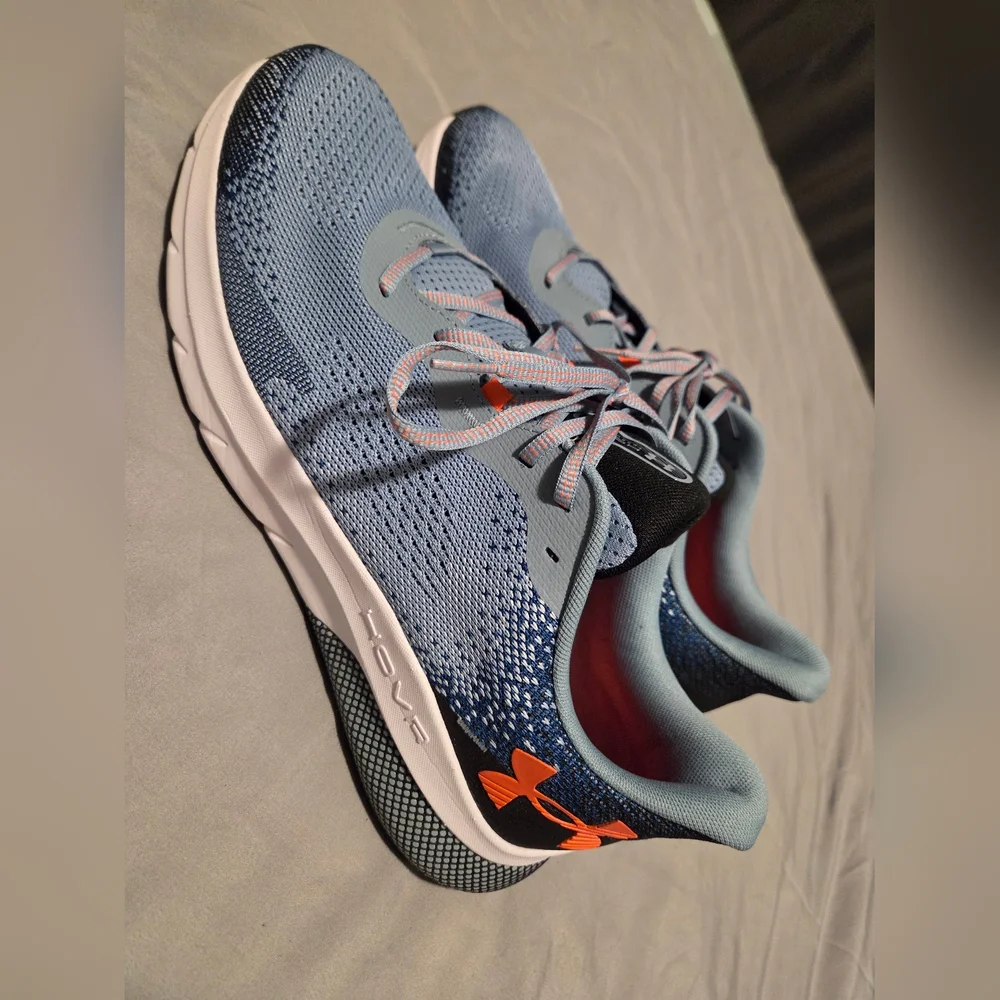 Under Armour Light Blue Knit Running Sneakers with Orange Logo Accents - Picture 3 of 3